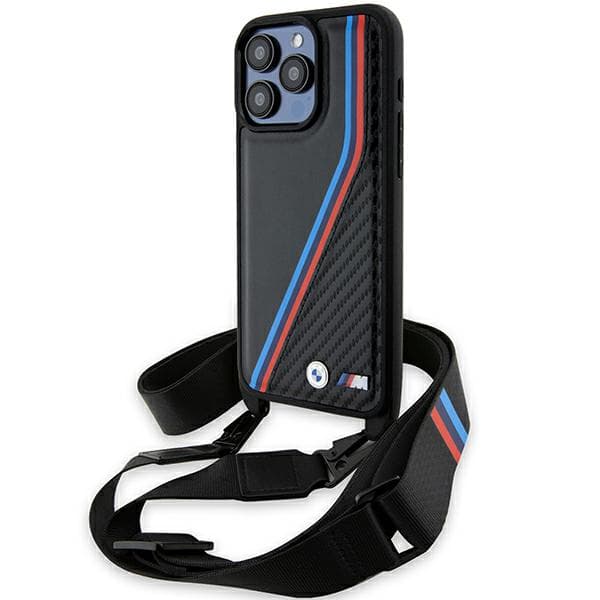 BMW M Edition Carbon Tricolor Lines & Strap Cover til iPhone 15 Pro Max, Sort