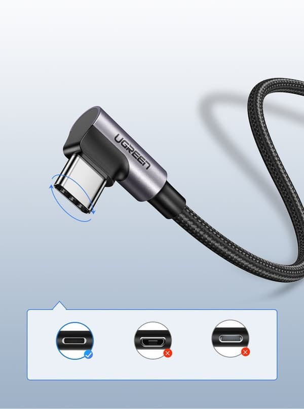 Kabel vinklet side USB-stik - USB-C 1m 3A grå