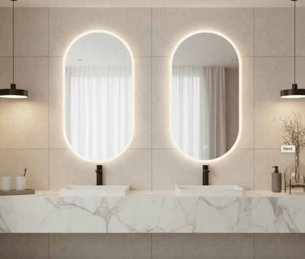 OVAL BADRUMSPEGEL MED LED-BELYSNING, RAMLÖS, MARKSPEGEL 55x90 AURELIA