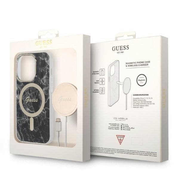 Guess Marble MagSafe-etui + opladersæt til iPhone 14 Pro Max, sort