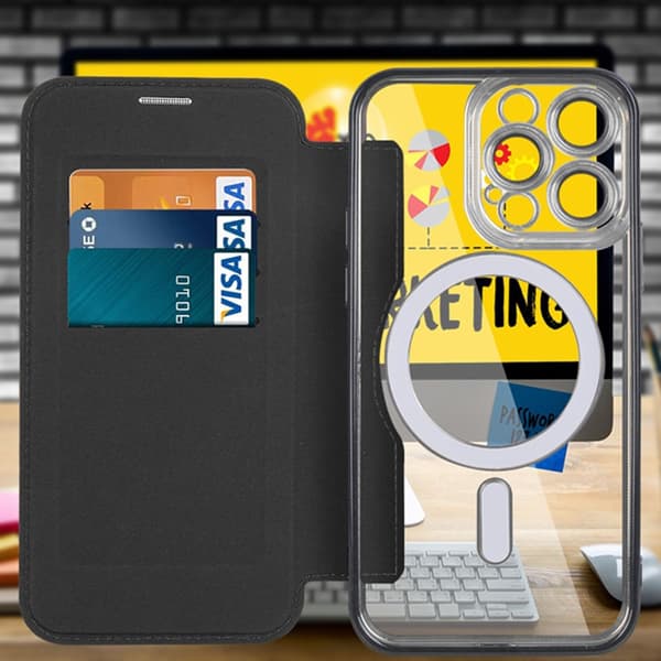 iPhone 14 Pro Flip-etui, RFID-pung MagSafe med kamerabeskyttelse, sort
