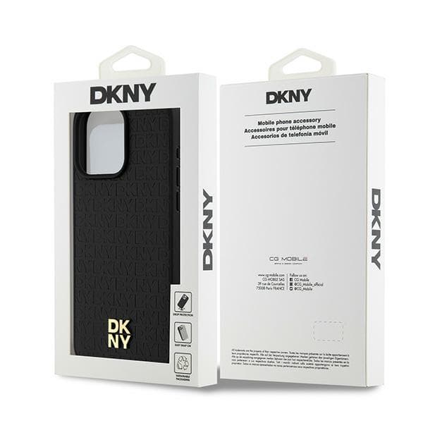 DKNY Lædermonogrammønster Metal Logo MagSafe-etui til iPhone 15 Pro Max, Sort