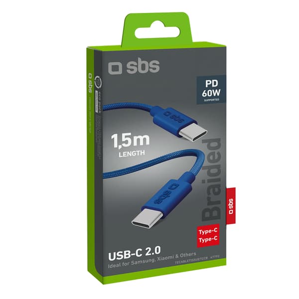 Flettet kabel USB-C - USB-C 60W 1,5m - blå