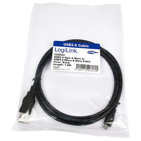 USB-A til Micro-USB-kabel 1,8m USB 2.0 LogiLink 5V/0,5A 2,5W 480Mbps Sort