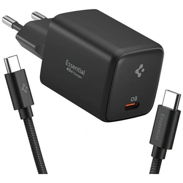 Spigen Essential EE451EU 45W USB-C Vægoplader + USB-C/USB-C Kabel Sort
