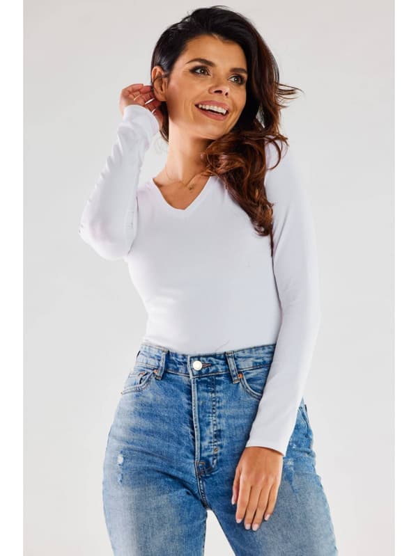 Basis bomuldsbluse med V-hals, hvid XL