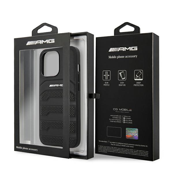 AMG lædercover med prægede linjer og sort logo til iPhone 14 Pro Max, sort