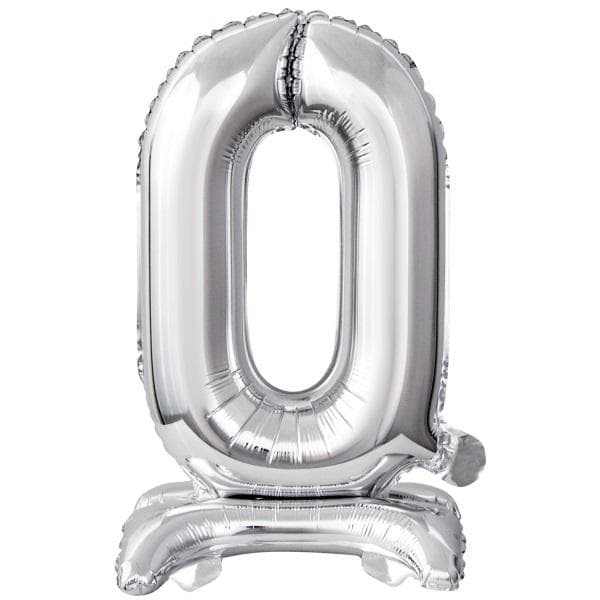 Mini folieballon nummer 0 på stativ, sølv