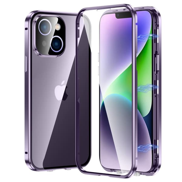 iPhone 14 Plus cover, magnetisk dobbeltglas, lilla