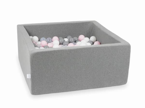 Tør grå pool 90x90x40 med 400 bolde: transparent, hvid, grå, lyserød