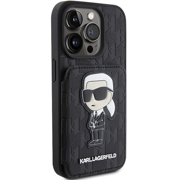 Karl Lagerfeld Saffiano Kortholder og Stander Monogram Ikonik Patch Etui til iPhone 15 Pro, Sort