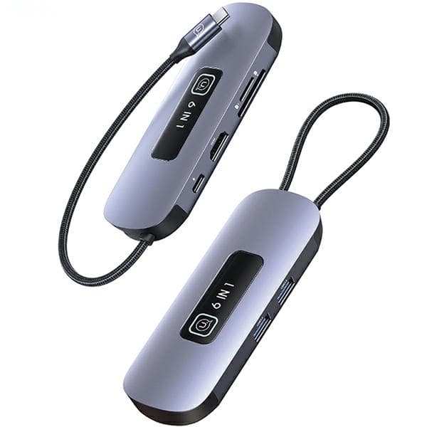 USAMS HUB 6in1 Adapter 2xUSB 3.0/TF/SD/USB-C/HDMI PD100W Grå