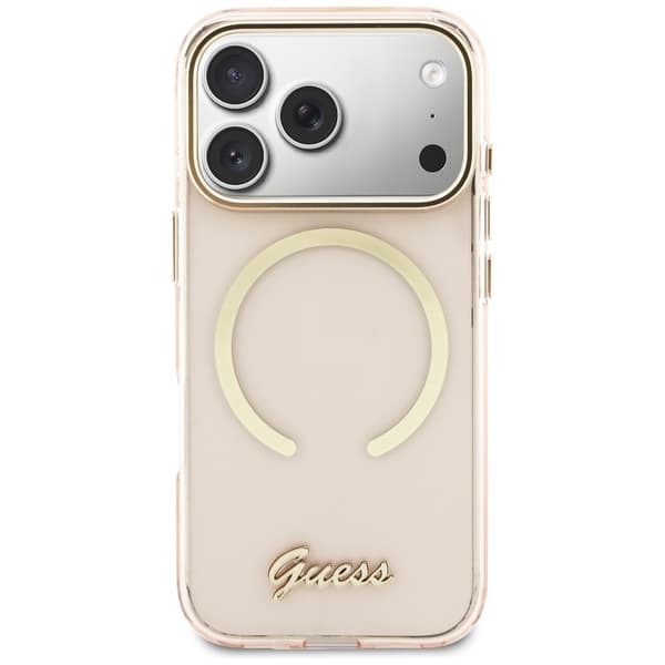 Guess IML Script Metal MagSafe -kotelo iPhone 17 Pro Maxille, pinkki