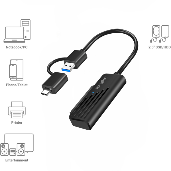 SATA til USB-C/USB-A 2 i 1 Adapter LogiLink 2,5” SSD HDD 5 Gb/s USB 3.2 Gen1 sort Plug & Play