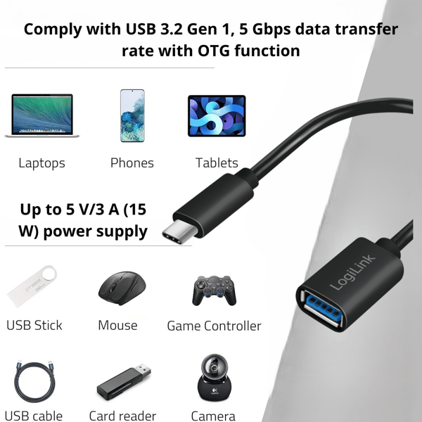 LogiLink USB-C til USB-A adapter - 5 Gbit/s, til smartphones, tablets, bærbare computere