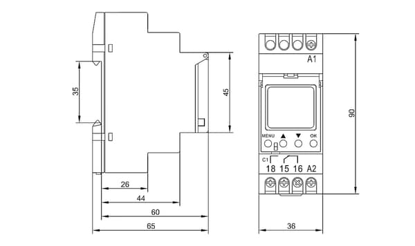 Elektronisk timer med LCD-display för DIN-skena
