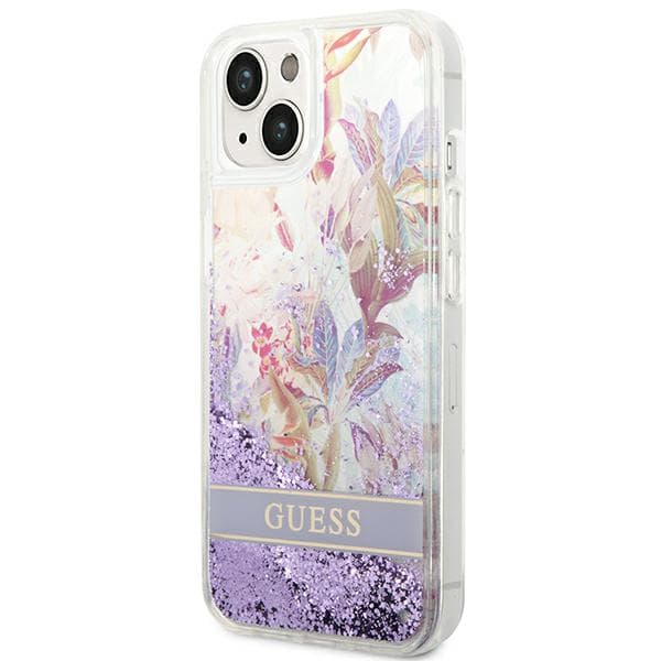 Guess Flower Liquid Glitter cover til iPhone 14 Plus, lilla/lilla