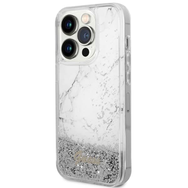 Guess Liquid Glitter Marble Cover til iPhone 14 Pro, Hvid