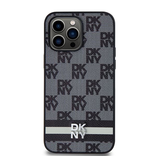 DKNY Læderetui med Ternet Monomønster og Trykte Striber til iPhone 14 Pro Max, Sort