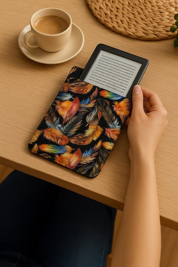 Arco Design 6-7" e-boksfodral - EcoFilc, Plume-tryck, Grå, Passar Kindle / PocketBook