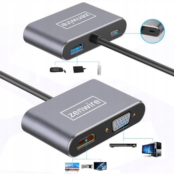 Adapterhubb USB-C 4-i-1 HDMI 4K VGA USB-adapter
