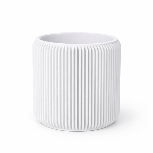 Vit blomkruka med lock och dold droppbricka, minimalistisk