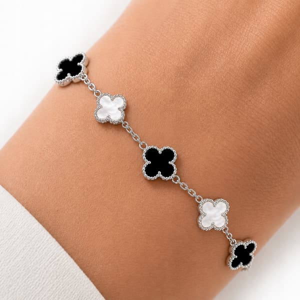 Damarmband i silver 925 silverklöver onyx pärlemor