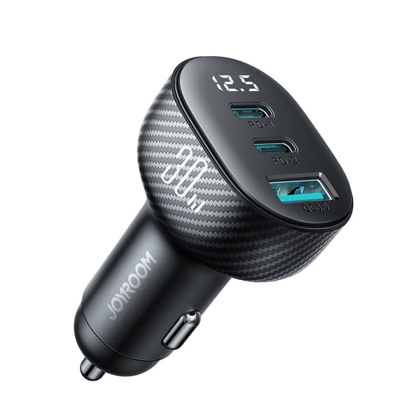 Biloplader med display 2x USB-C USB-A 30W sort