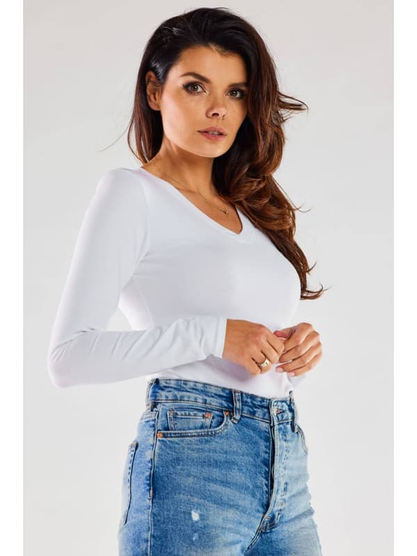 Basis bomuldsbluse med V-hals, hvid L