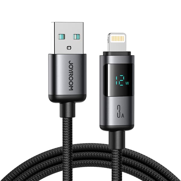 Kabel med display USB-A - iPhone Lightning 3A 1,2m - sort