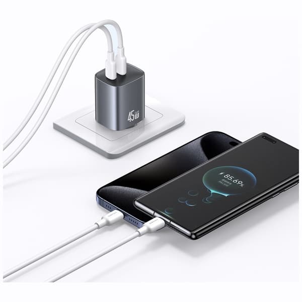 USAMS CC305 T66 45W GaN 2xUSB-C -seinälaturi, tummuminen