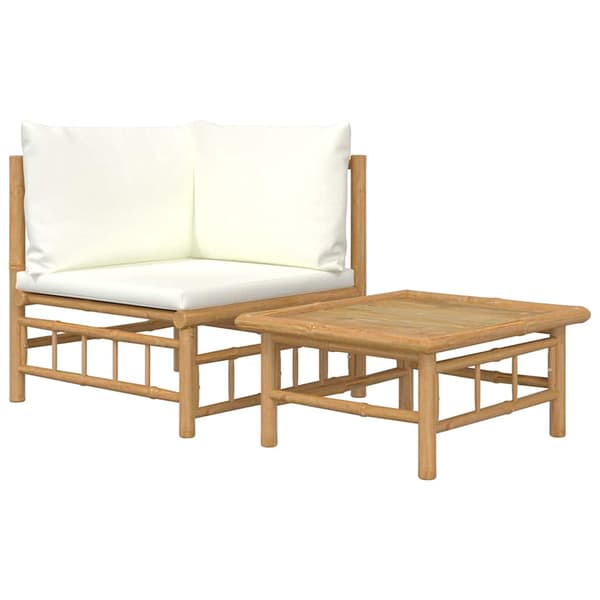 vidaXL 2-delat trädgårdsmöbelset, krämfärgade dynor, bambu
