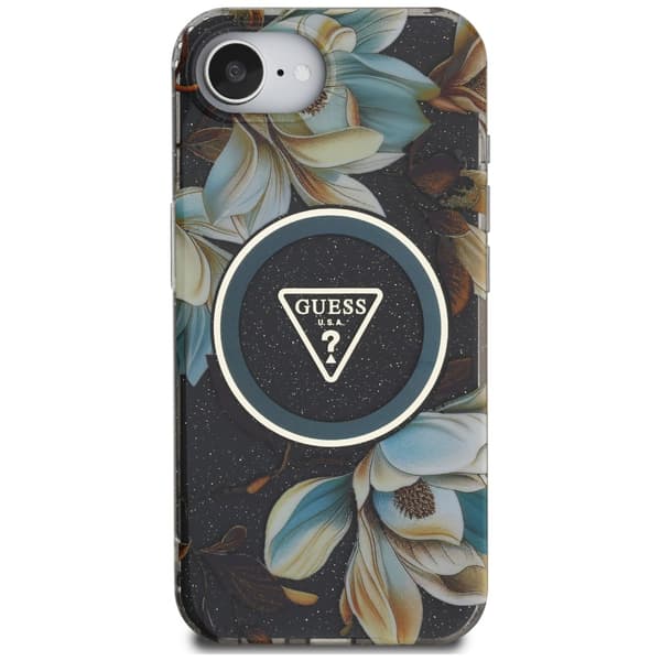 Guess IML Metal Glitter Flowers Triangle MagSafe-etui til iPhone 16e, sort