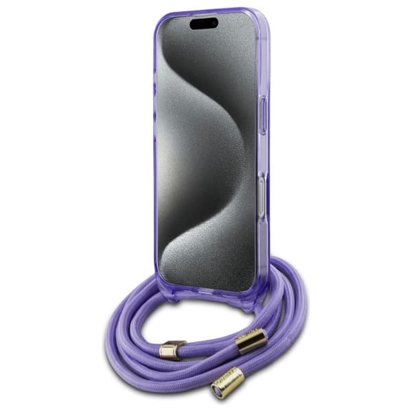 Guess Crossbody Cord Script MagSafe -kotelo iPhone 16 Prolle, violetti
