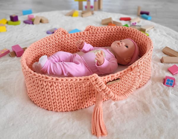 Moses Basket BOHO Bomullsdockbärare med Trävagga - Persika