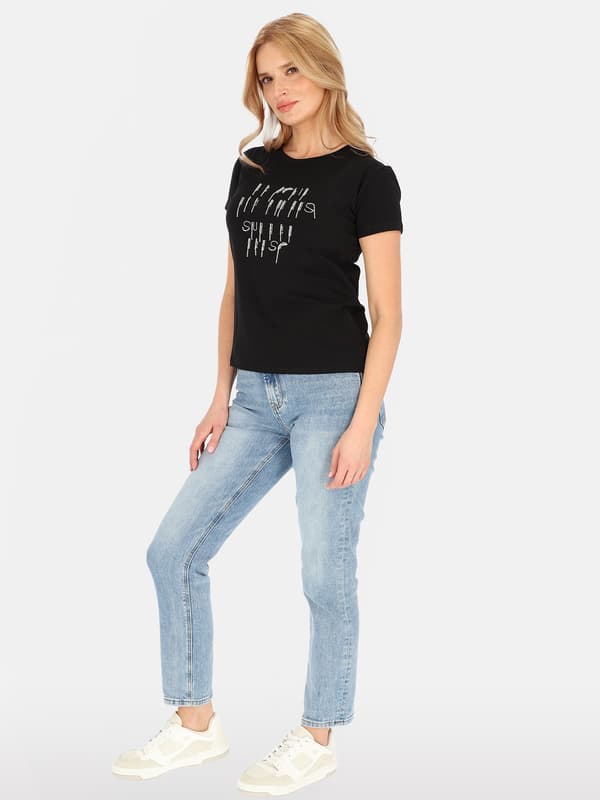 Dambomulls-T-shirt med applikationer