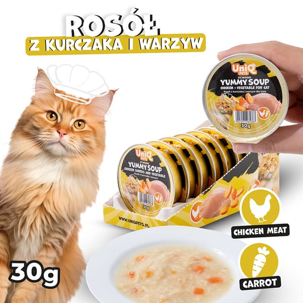 Vådfoder til katte Kylling- og grøntsagsbouillon Yummy Soup UniQ Pets 8x30g