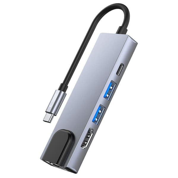 5-i-1 HUB USB-C til USB-C USB-A HDMI RJ45 Splitter - Grå