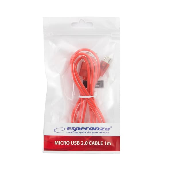ESPERANZA EB184R MICRO USB 2.0 -KAAPELI AB M/M 1.0M PUNAINEN LÄPINÄKYVÄ