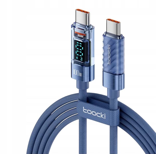 TOOCKI Blå USB C til C Kabel 1 Meter 100W PD QC + LCD Wattmeter 100cm