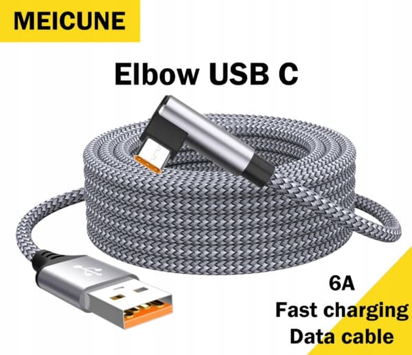 Stålgråt USB-A / USB-C 90° vinklet kabel 8m (8 meter) 6A