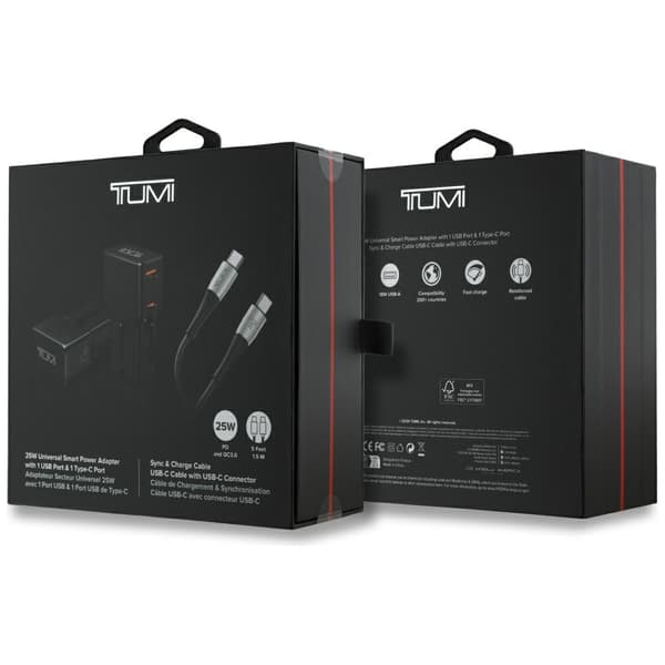 TUMI Rejseadapter 25W USB-C / USB-A Vægoplader + USB-C/USB-C Kabel Sort