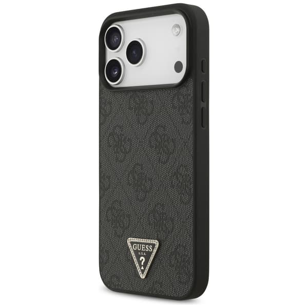 Guess Leather 4G Triangle Strass MagSafe -kotelo iPhone 17 Pro Maxille, musta