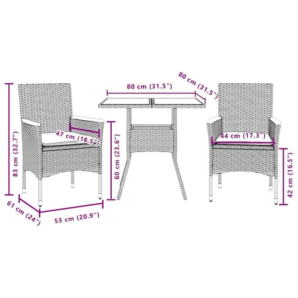 vidaXL havemøbelsæt med 3 dele og hynder, sort, polyrattan