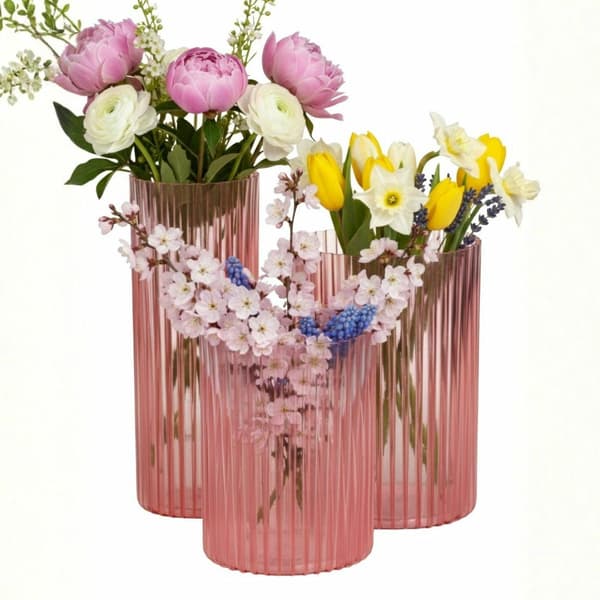 Set med 3 moderna ribbvaser transparent rosa