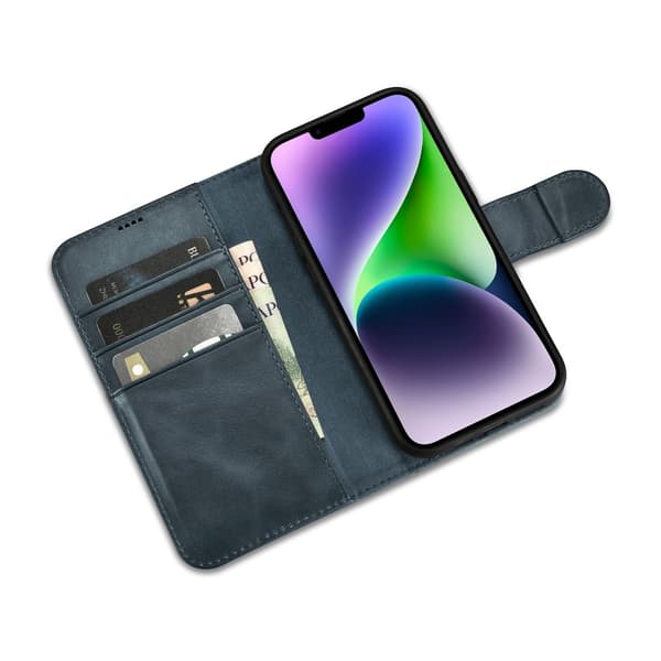 2-i-1 Läderfodral iPhone 14 Plus Anti-RFID Oljevax Plånboksfodral Blå