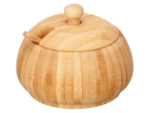 Bambu sockerskål med lock och skedar