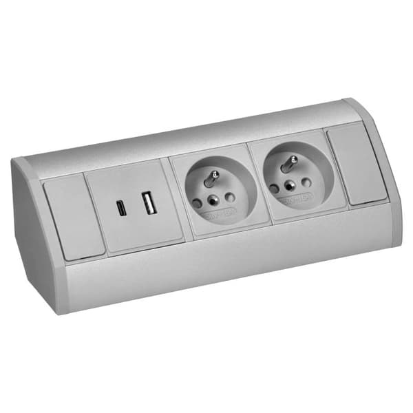 Maadoitettu kaksoiskalustepistorasia 2xUSB A+C 2.4A Harmaa-Hopea