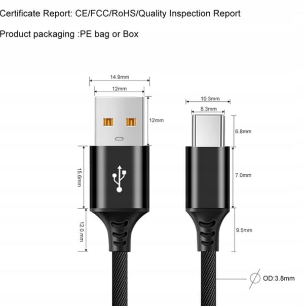 Sort 8 meter 6A USB-A til USB-C kabel 8m. 6 ampere