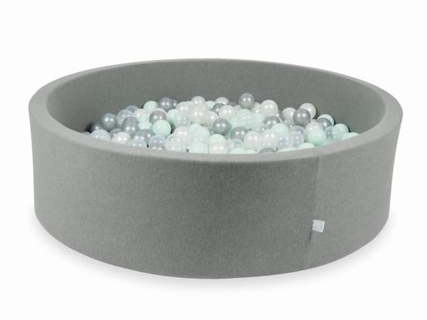Tør grå pool 130x40 med 700 bolde: transparent, perle, sølv, lys mint
